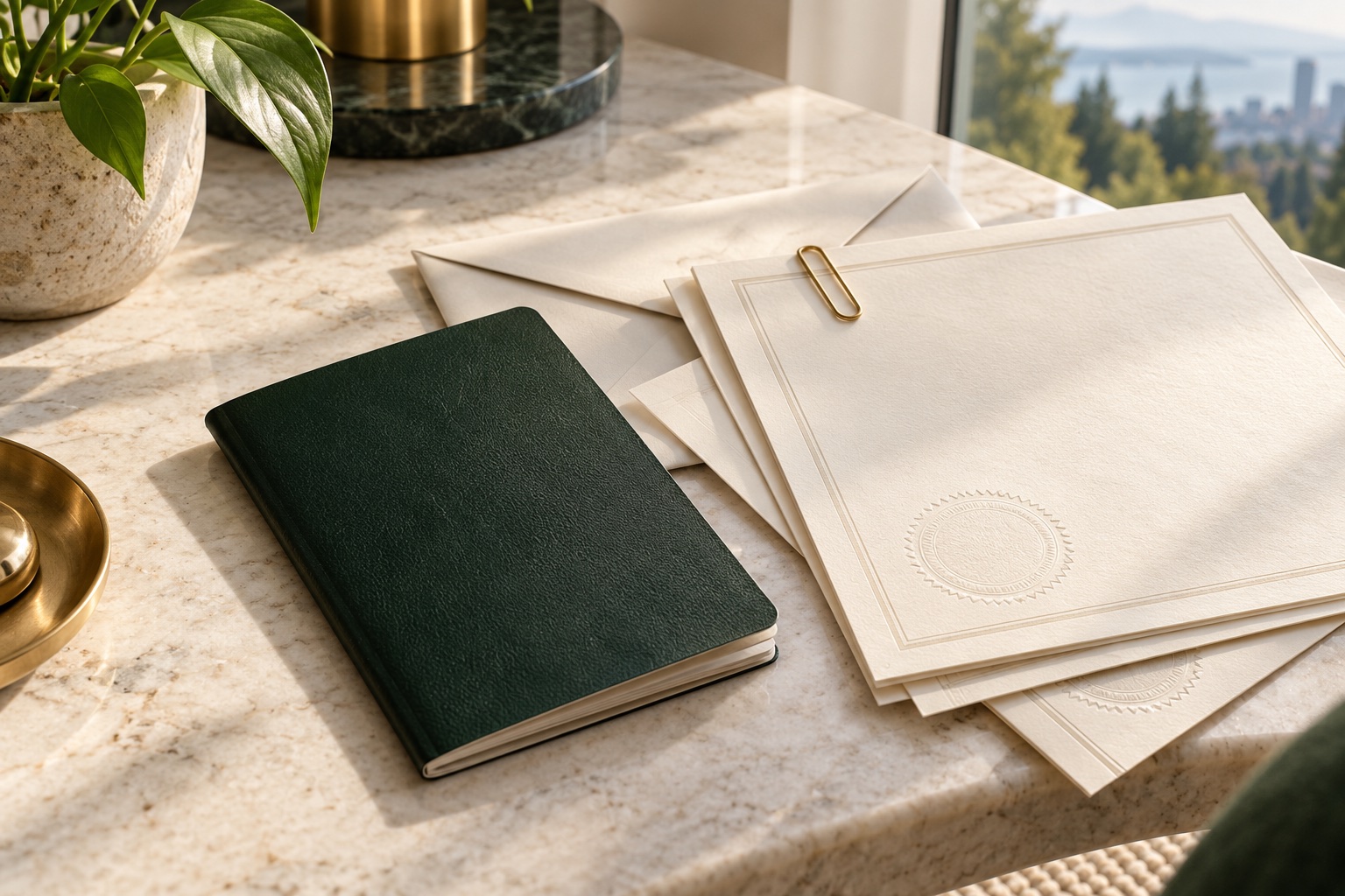 Illustration of certificates, an envelope, and a passport-style booklet