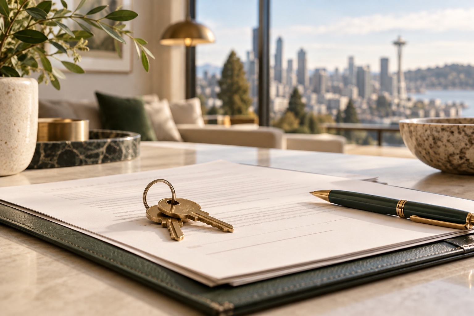 Illustration of home keys, a pen, and closing paperwork
