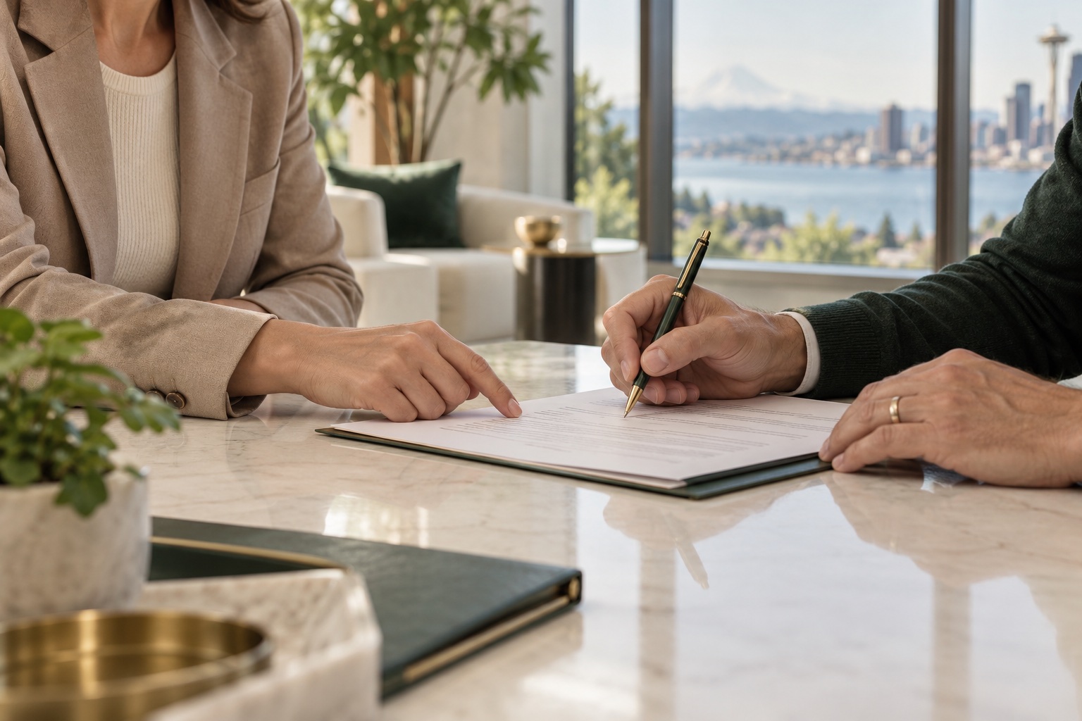 Illustration of a professional assisting a client with document signing