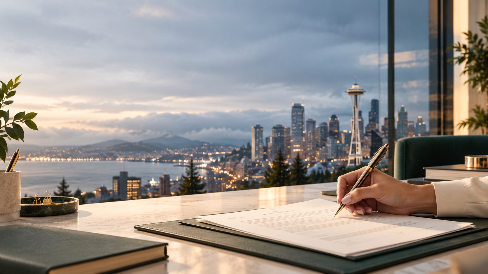 Document signing beside a window overlooking the Seattle skyline
